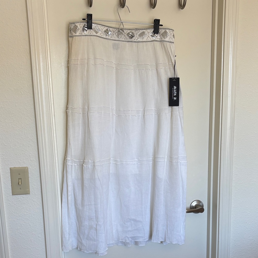 Allen B. White Tiered Maxi Skirt with Beaded Waistband - L - 100% Cotton